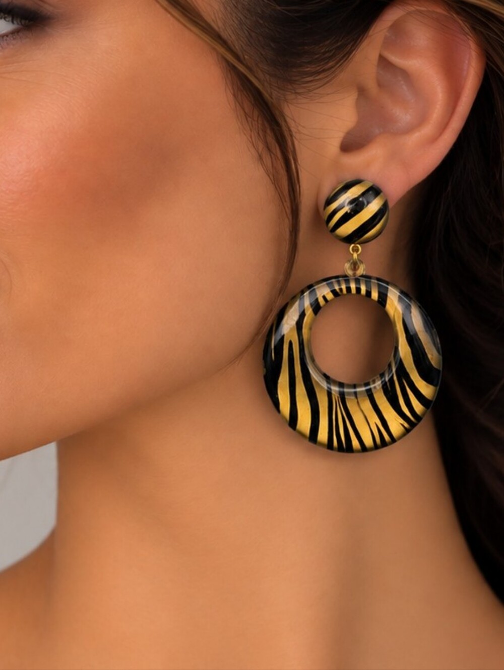 💎 Black Gold Zebra Animal Print Statement Drop Earrings Retro Mod Bold